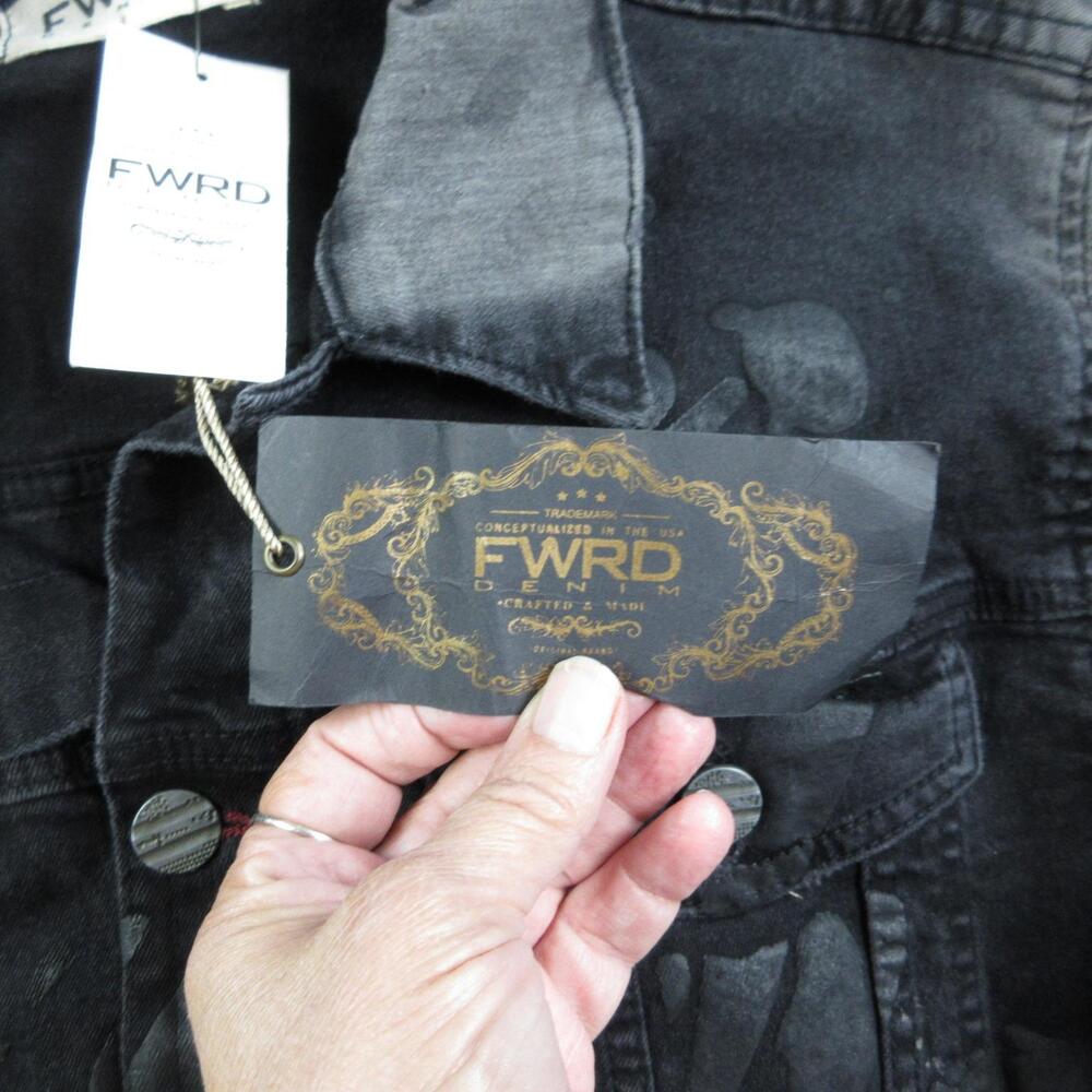 FWRD Denim Jacket Mens XL Black Biker Collared Pockets Stretch Button Tags NWT - Picture 11 of 16